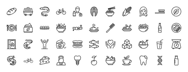 Fototapeta premium Health, nutrition, and dental care line icon set. Vector pictograms of balanced diet, fitness, oral hygiene, and personal well-being, thin linear illustration.