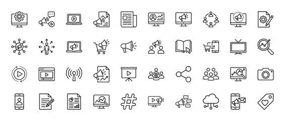 Marketing and advertising line icon set. Vector pictograms of megaphone, document, laptop, monitor, users, shopping cart, play button, smartphone, and analytics, thin linear illustration.