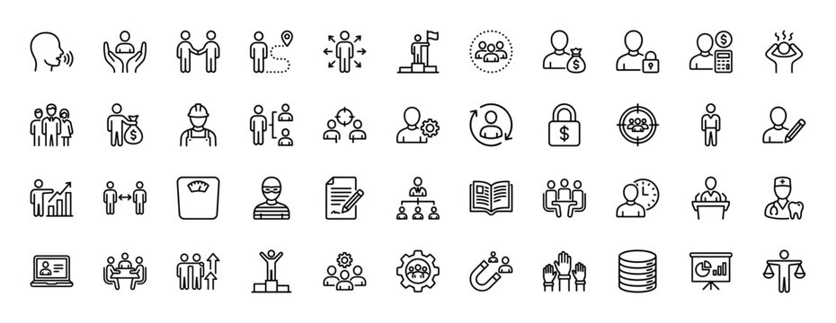 Business and people management line icon set. Vector pictograms of teamwork, finance, growth, communication, leadership, and strategy, thin linear illustration.