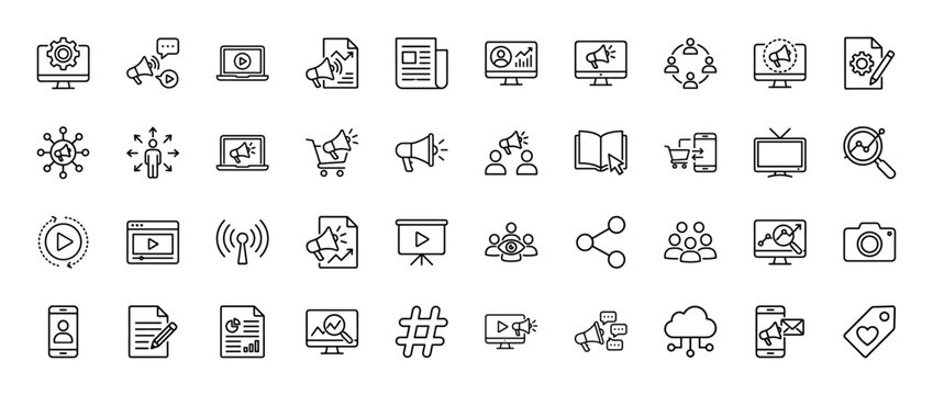 Marketing and advertising line icon set. Vector pictograms of megaphone, document, laptop, monitor, users, shopping cart, play button, smartphone, and analytics, thin linear illustration.