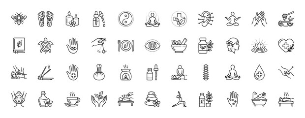 Fototapeta na wymiar Wellness and alternative medicine line icon set. Vector pictograms of meditation, herbal remedies, massage, acupuncture, yoga, relaxation, and natural healing practices, thin linear illustration.