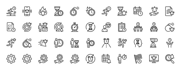 Productivity and time management line icon set. Vector pictograms of clocks, hourglasses, calendars, alarms, checklists, running persons, smartphones, and gears, thin linear illustration.