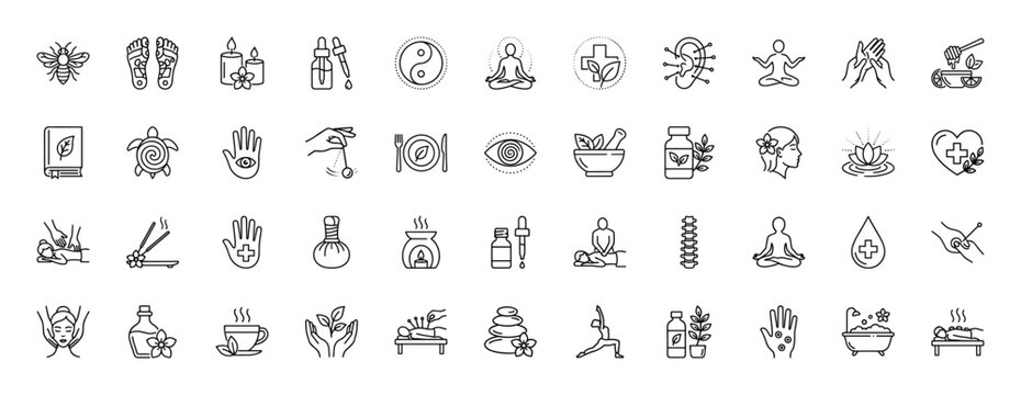 Wellness and alternative medicine line icon set. Vector pictograms of meditation, herbal remedies, massage, acupuncture, yoga, relaxation, and natural healing practices, thin linear illustration.