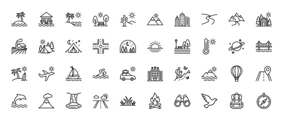 Travel and adventure line icon set. Vector icons depicting diverse travel destinations, nature, transportation, and outdoor recreation. Thin linear design.