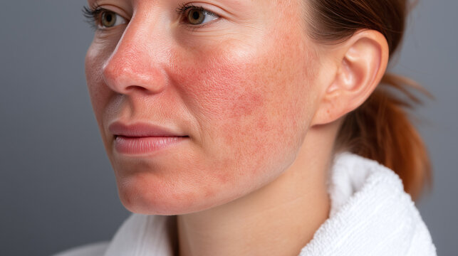 Facial redness irritated skin rosacea symptoms close up woman sensitive skin dermatology high resolution natural light mild discomfort healthy complexion