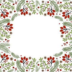 Floral frame with red berries and green leaves for seasonal decorations and invitations