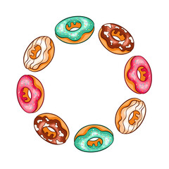 Wreath with glazed donut with various topping, pink, chocolate and mint green frosting with sprinkles in cartoon.