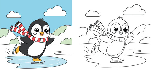 Cute cartoon penguin ice skating on frozen pond coloring book page. Vector illustration of happy bird character in winter scarf for kids education