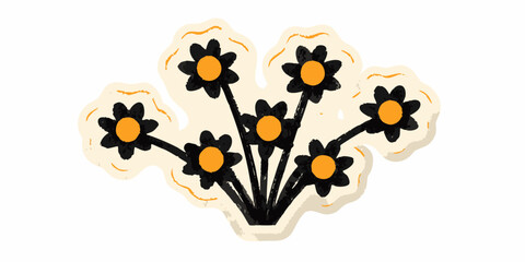 Hand drawn black flowers with orange centers in a bouquet style