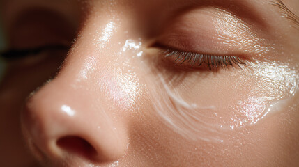 Close up of creamy texture spreading across smooth skin under eye, highlighting hydrated pore, natural glow, and healthy complexion with soft lighting and serene mood