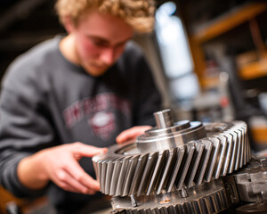 A young person focuses intently on assembling gears in a workshop, showcasing hands-on mechanics and engineering skills.