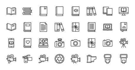 Education and photography line icon set. Vector pictograms of books, cameras, video recorders, and media accessories, thin linear illustration.