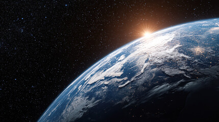 A stunning view of Earth from space, showcasing the curvature of the planet and the brilliance of the sun rising over the horizon amidst a starry background.