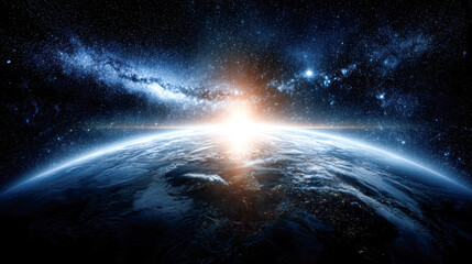A stunning view of Earth from space, showcasing the cosmos with twinkling stars and a radiant sunrise illuminating the horizon.