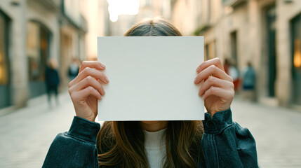 A woman holds a blank piece of paper in front of her face, standing on a quiet street with soft lighting and blurred pedestrians in the background.