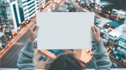 A person holding a blank white sheet of paper against a city backdrop, suggesting creativity or a call to action.