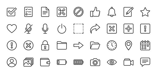 User interface line icon set. Vector pictograms of command, file, checkmark, heart, star, power, add, user, calendar, folder, camera, battery, eye, message, and envelope, thin linear illustration.