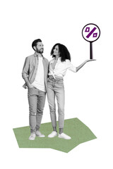 Sketch design trend collage of couple young lady stand together smile hand hold magnifier glass sale percent client shopping black friday