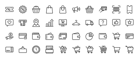 Obraz premium E-commerce and shopping line icon set. Vector pictograms of shopping bags, baskets, carts, payment, delivery, and marketing elements, thin linear illustration.