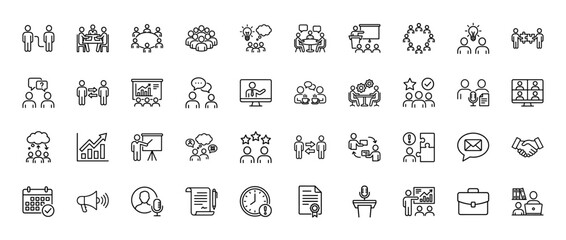 Business and collaboration line icon set. Vector pictograms of team meetings, brainstorming, presentations, online conferences, strategy, and growth, thin linear illustration.