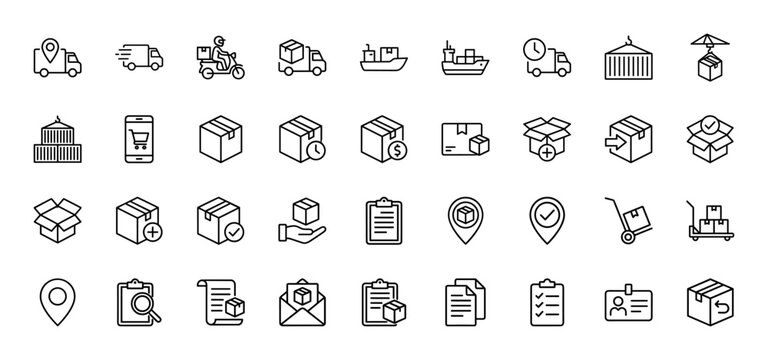 Logistics and delivery line icon set. Vector pictograms of delivery trucks, cargo ship, smartphone shopping, shipping containers, packages, location pins, and documents, thin linear illustration.