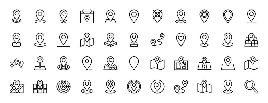 Location line icon set. Vector pictograms of map pins, navigation routes, destination markers, search pointers, geotags, and address symbols, thin linear illustration.
