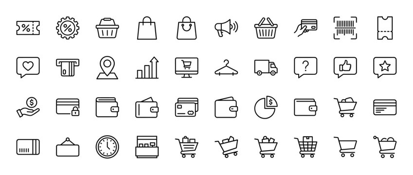 E-commerce and shopping line icon set. Vector pictograms of shopping bags, baskets, carts, payment, delivery, and marketing elements, thin linear illustration.