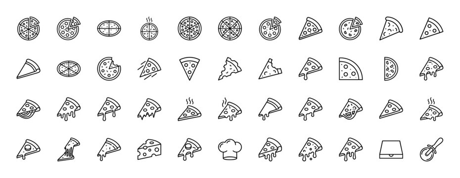 Pizza line icon set. Vector pictograms of whole pizzas, slices with melted cheese, hot pizza, cutter, chef hat, and delivery box, thin linear illustration.