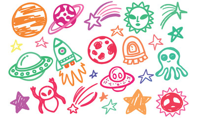 Bright and playful hand-drawn space doodle clipart set featuring colorful rockets, UFOs, aliens, planets, stars, and suns — perfect for kids’ projects, printable art, and digital designs.