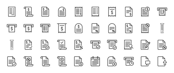 Finance and accounting line icon set. Vector pictograms of receipts, invoices, billing documents, and financial transactions, thin linear illustration.