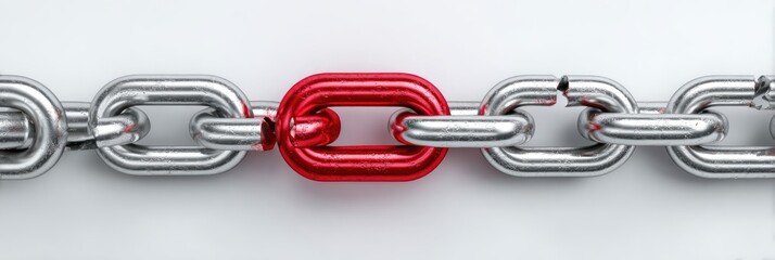 A close-up of a metal chain with a prominent red link amidst the silver links