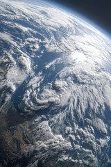 A breathtaking view of Earth from space, showcasing swirling clouds, oceans, and landmasses under a bright atmosphere.
