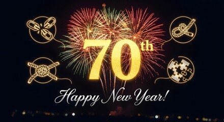 70th happy new year celebration with fireworks and symbolic icons