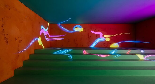 Illuminated stairway with vibrant light trails and abstract accents - Powered by Adobe
