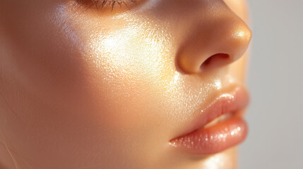 Glowing cheek with cream forming luminous sheen close up of smooth skin healthy complexion radiant hydrated natural beauty soft light youthful appearance