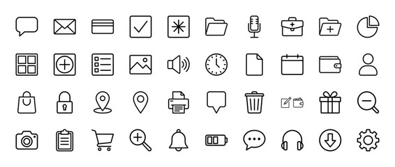 Universal user interface line icon set. Vector pictograms of chat, email, folder, user, shopping, settings, home, clock, camera, document, location, thin linear illustration.