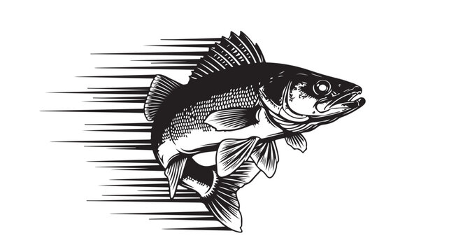 Dynamic walleye fish jumping out of water with speed streaks, ideal for fishing enthusiasts and sporting goods brands, create bold logos and eye catching posters today