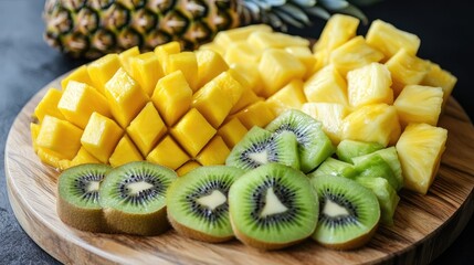 Vibrant Tropical Fruit Platter: Mango, Pineapple, and Kiwi Slices