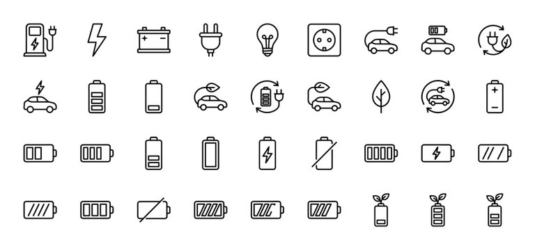 Electricity and power line icon set. Vector pictograms of electric vehicles, charging stations, power outlets, plugs, lightning, and battery levels, thin linear illustration.