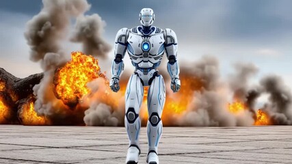 Futuristic transformer robot posing powerfully with glowing blue accents against a backdrop of intense explosions and smoke, portraying a scene of conflict and advanced technology