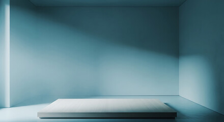 Podium in a minimalist blue room with shadow