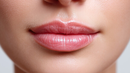 Fototapeta premium Close up of lips pressed together tightly faint tension visible smooth skin natural makeup soft lighting healthy appearance beauty feminine detail