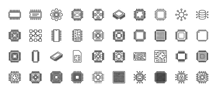 Computing hardware line icon set. Vector pictograms of various microchips, integrated circuits, processors, and circuit boards, thin linear illustration.