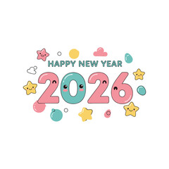 Happy New Year Cute Kawaii Number With Stars And Clouds For 2026