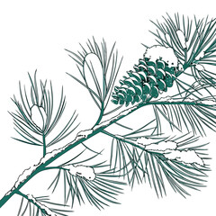 Naklejka premium Detailed illustration of a snow covered pine branch with a prominent pine cone and needles