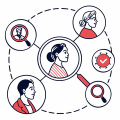 Diverse group of people connected in a network with a virus symbol and magnifying glasses