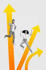 Composite sketch design artwork 3D photo collage of arrow up young man lady jump route arrow aim achievement goal choice target success