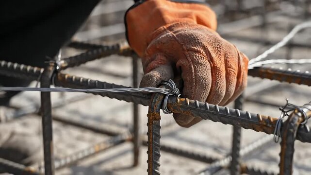 Construction Worker Tying Steel Rebar for Concrete Reinforcement.