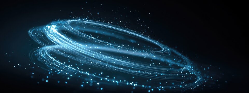 Spiraling trails of blue light with glittering particles on a dark background