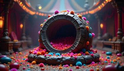 whimsical scene featuring large, overturned barrel spilling colorful pom poms onto ground, creating vibrant and playful atmosphere. setting is adorned with festive decorations, enhancing joyful mood